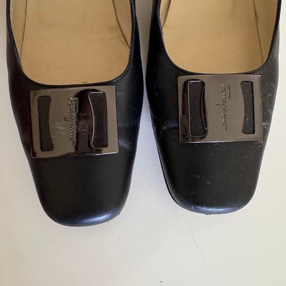 Salvatore Ferragamo Black Leather Nero Nappa Kid Pump Block Heels Italy 8.5 - Picture 4 of 12